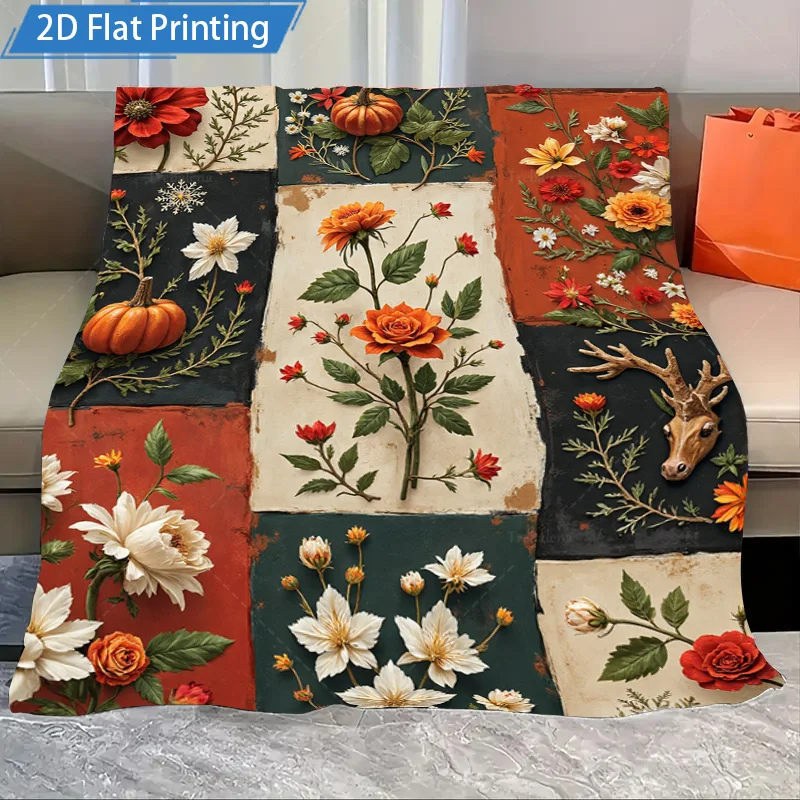 

1 шт. фланелевое одеяло, осеннее лоскутное одеяло с цветочным принтом, уютный осенний декор для дома, гостиной, дивана, постельные принадлежности