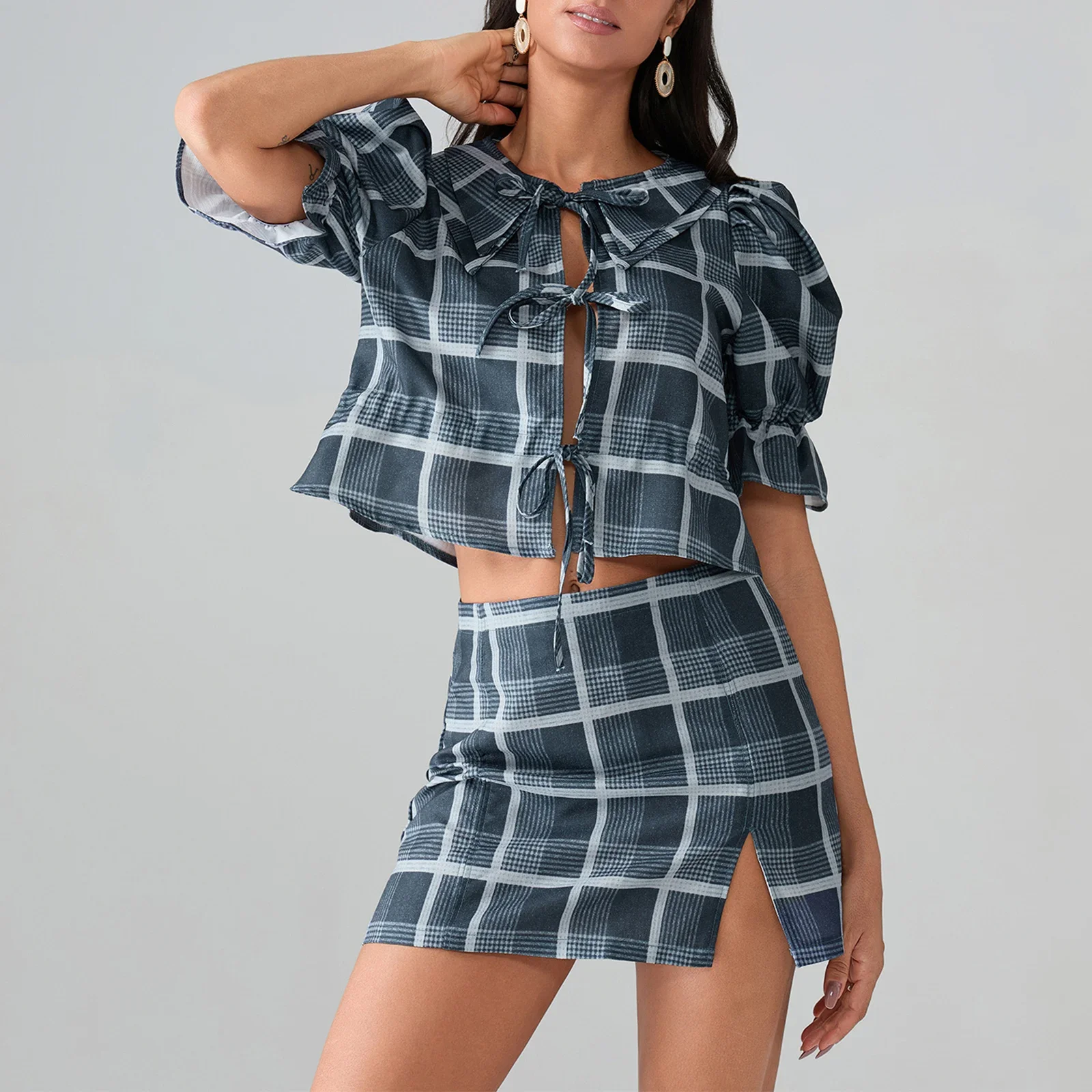 Women 2 Piece Outfits Summer Plaid Print Tie Front Short Sleeves Tops and Split Skirt Set for Streetwear