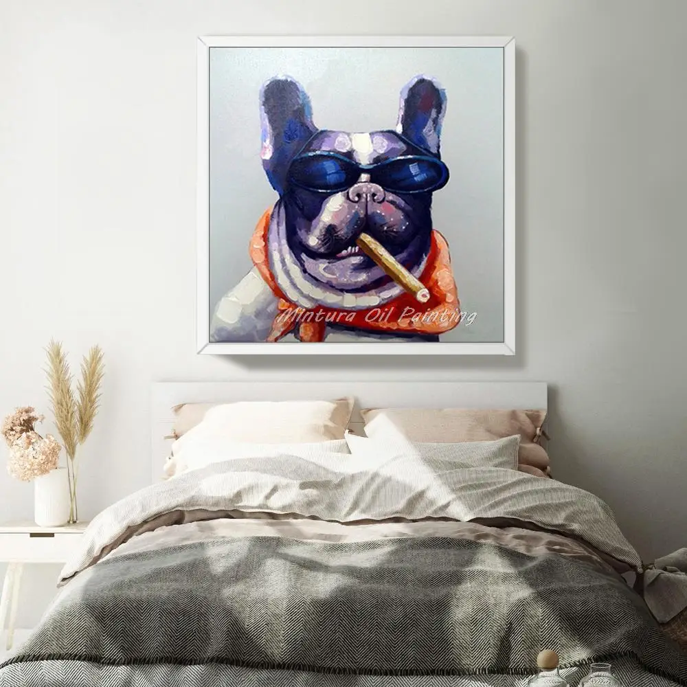 Mintura Pop Art Hand-Painted Abstract Smoking Dog Animal Oil Paintings On Canvas Modern Wall Pictures For Living Room Home Decor