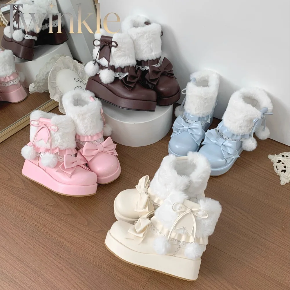 Lolita Snow Boots Women Fleece Lined Round Toe Platform Kawaii Sweet Girl Winter Warm Chunky Cute Jirai Kei