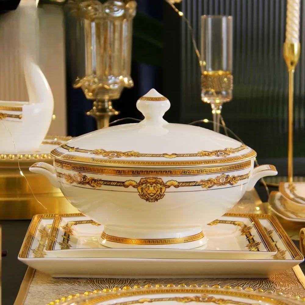 Luxury Bone China Soup Tureen With Cover, Golden Pattern High Base Soup Bowl, Large Capacity Ceramic Soup Pot for Dinner Party