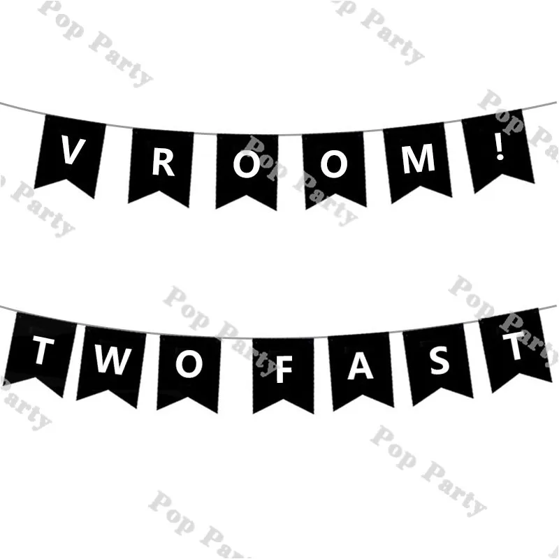 Flag Banner Vintage Race Car Birthday Decor Kids Two Fast / Vroom Hanging Flag Black White Racing Car First/2nd Party Supplies