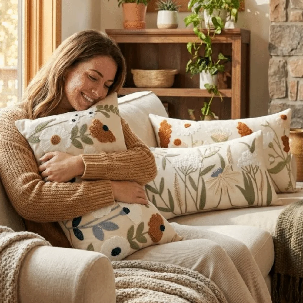 Pastoral Floral Embroidered Cushion Cover Canvas Square Tufted Throw Pillow Cover Wear Resistant Soft Texture Pillowslip