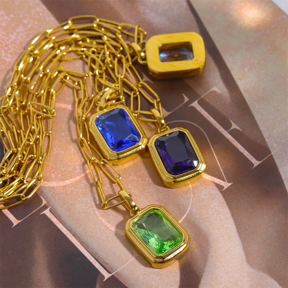 Vintage Colorful Square Crystals Pendant Necklace for Women 18K Gold Plated Paper Clip Link Chains Punk Stackable Chokers Gifts