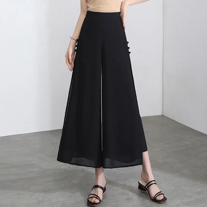 Oversize Women Fashion Chiffon Pants Korean Summer New Elastic High Waiste Slit All-match Thin Solid Wide Leg Casual Trousers