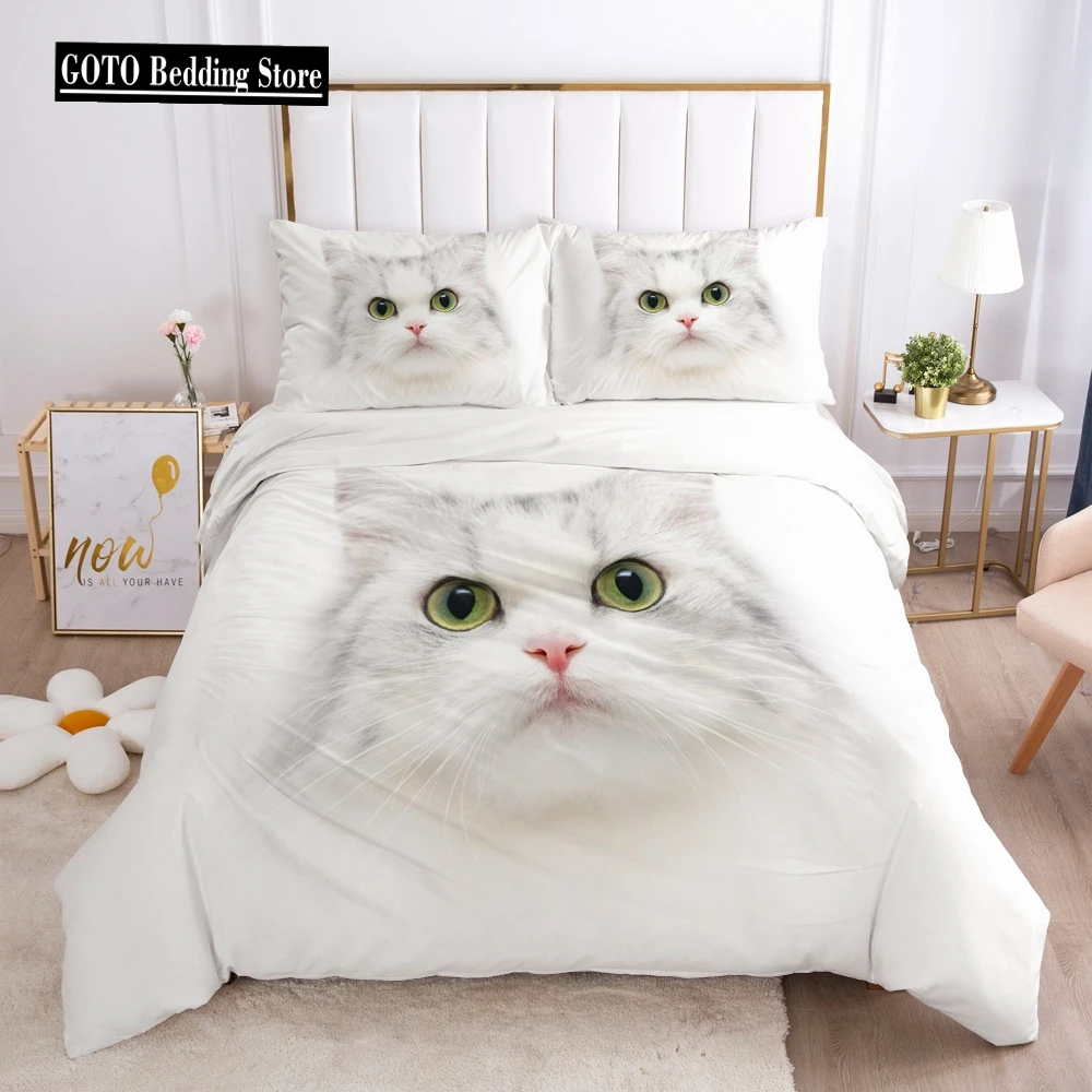 White Pet Cat Bedding Set Colorfast Adults Children Winter Duvet Cover Sets Kids,twin Full Queen King Bedroom Set  Home Textile