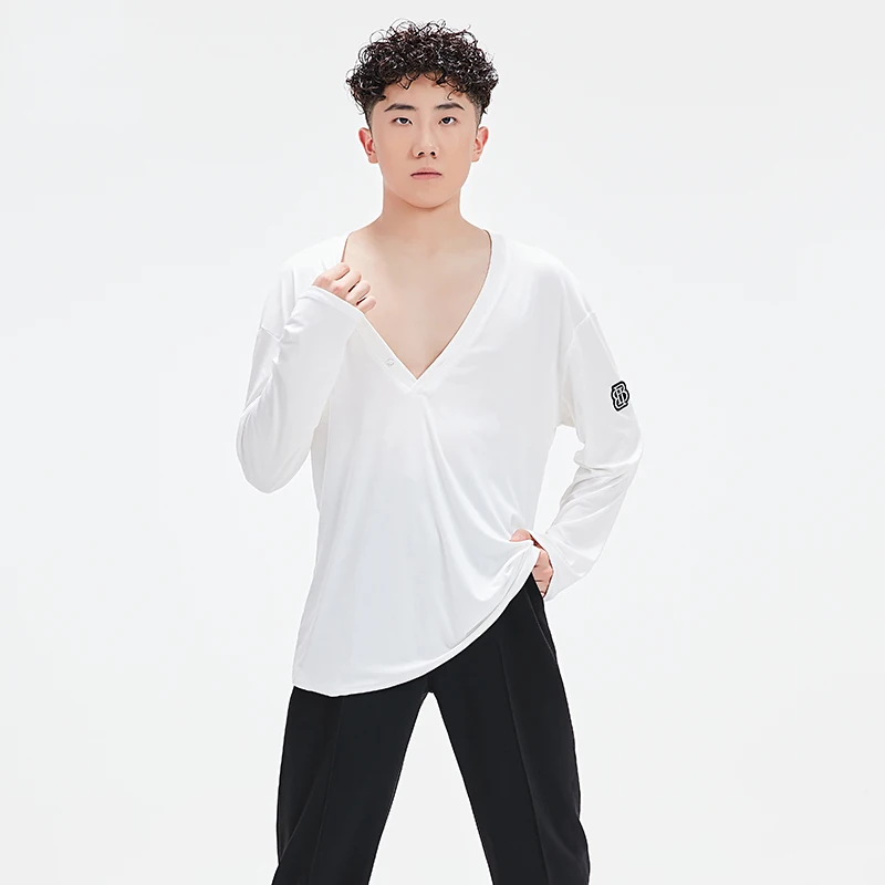 2025 chemises amples à col en v hauts de danse latine pour hommes Samba Chacha Tango adulte mâle danse latine Performance scène Costumes XH3602