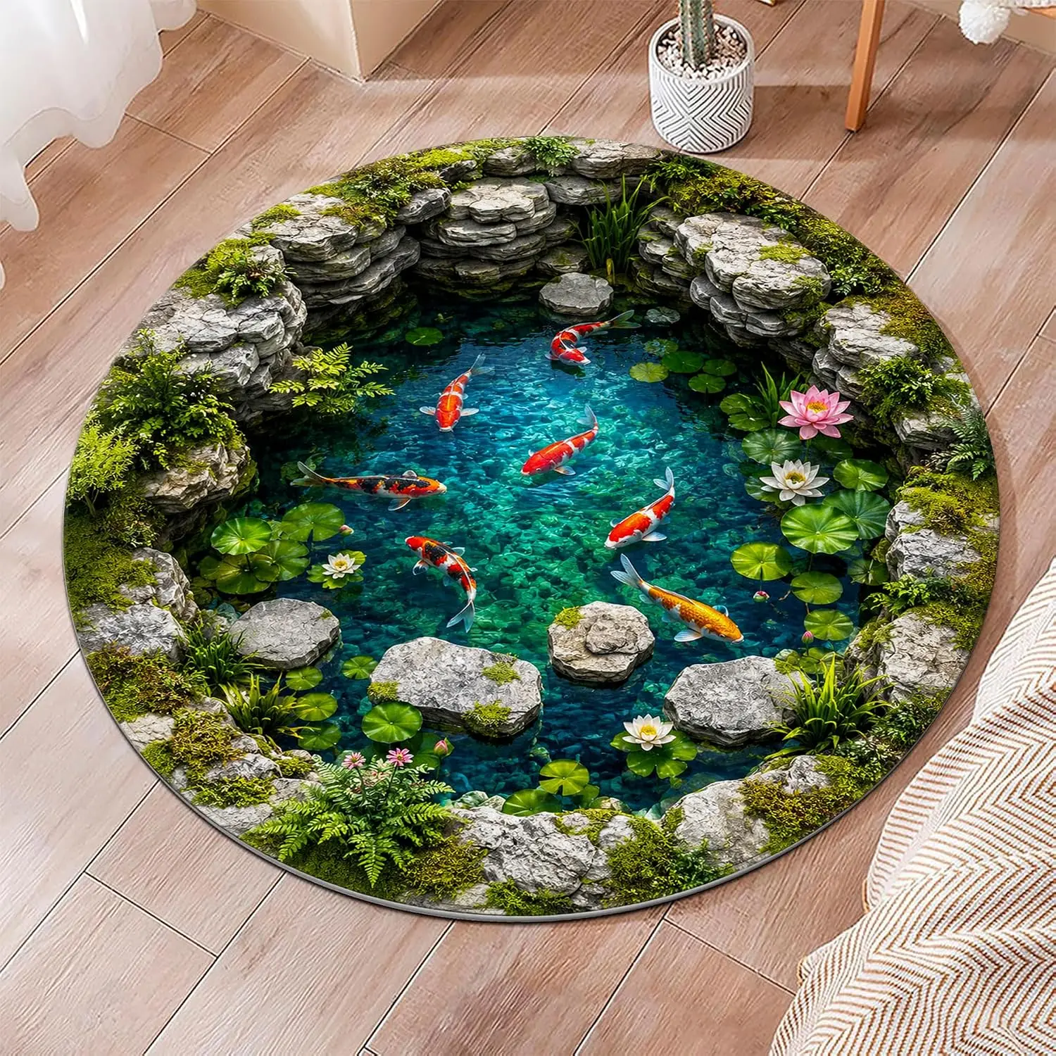 Japanese Style Circular Rug Zen Garden Wooden Bridge Print Round Carpet for Bedroom Living Room Koi Pond Non-Slip Floor Mat Area