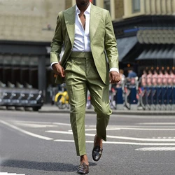 Green Linen Men Suits African Blazer Sets Peaked Lapel Single Breasted Wedding Travel Summer Suits 2 Piece Jacket+Pant 2024