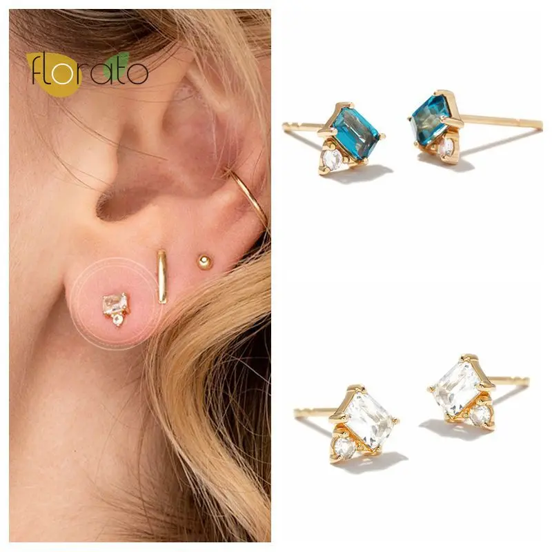 925 Sterling Silver Needle Korean Simple Blue Topaz Diamond Baguette Stud Earrings  Zircon Geometry Earrings For Women Jewelry