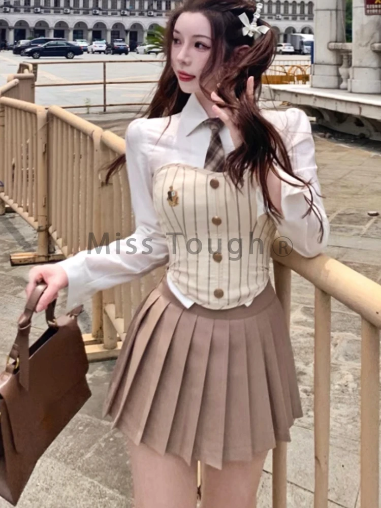 Sweet Elegant 3 Piece Set Women Korean Fashion Party Mini Skirt Set Female Vintage Designer Pleated Skirt Suit 2023 Autumn New