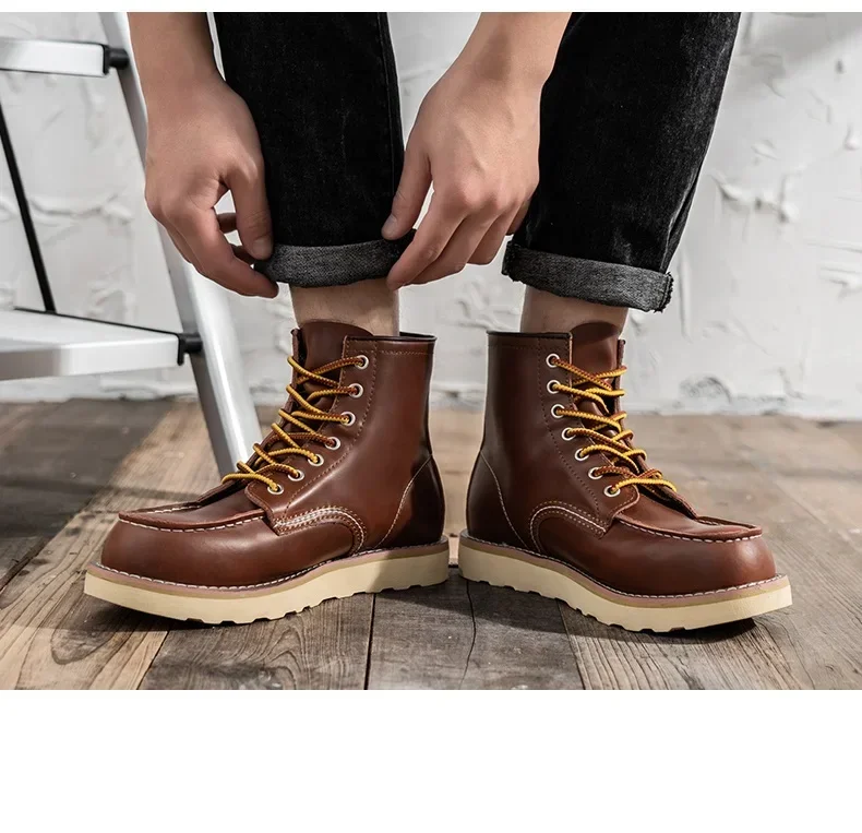 Botas de cuero genuino con punta redonda para hombre, botines cálidos de alta calidad, Estilo Vintage, para nieve, primavera e invierno