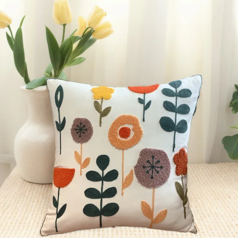 High Quality Towel Embroidered Cotton Flower Embroidered Cushion Cover Home Fabric Bedside Soft Bag Sofa Decorative Pillow Case