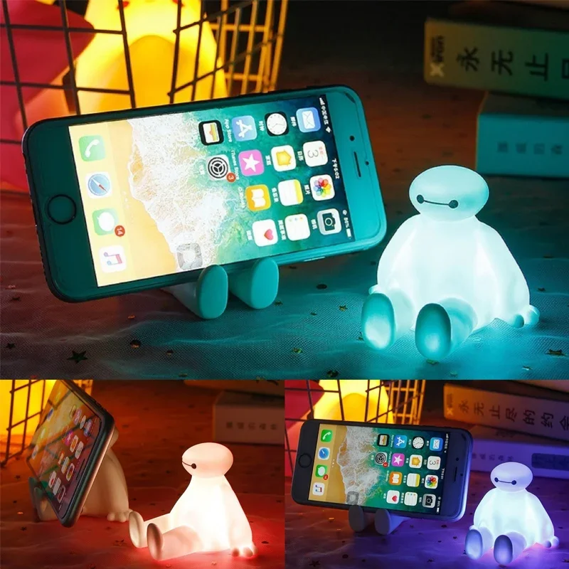 Disney Anime Figure Baymax Mobile Phone Holder Lazy Stand Table Desk Night Light Glowing Cartoon Big Hero 6 Dolls Model Holders