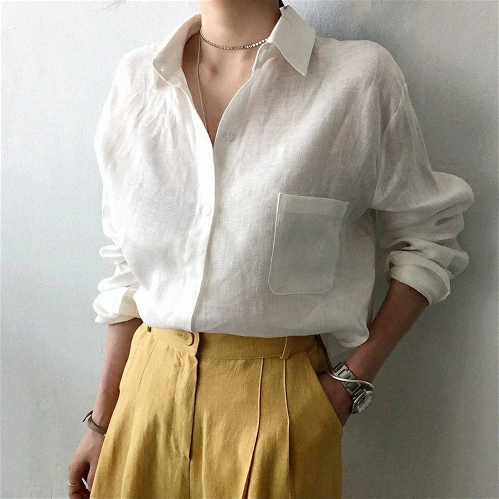 Women Shirt Cotton And Linen Lapel Long-sleeve Loose Solid Color All-match Shirt