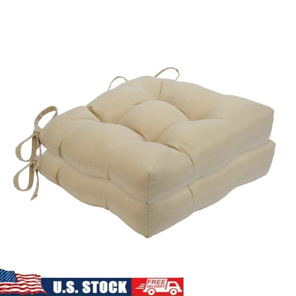 

Set of Two Tufted Chair Seat Cushions Soft Poly-Cotton Fabric Stain Repellant 13inch Ties Indoor Use 16x15 Beige