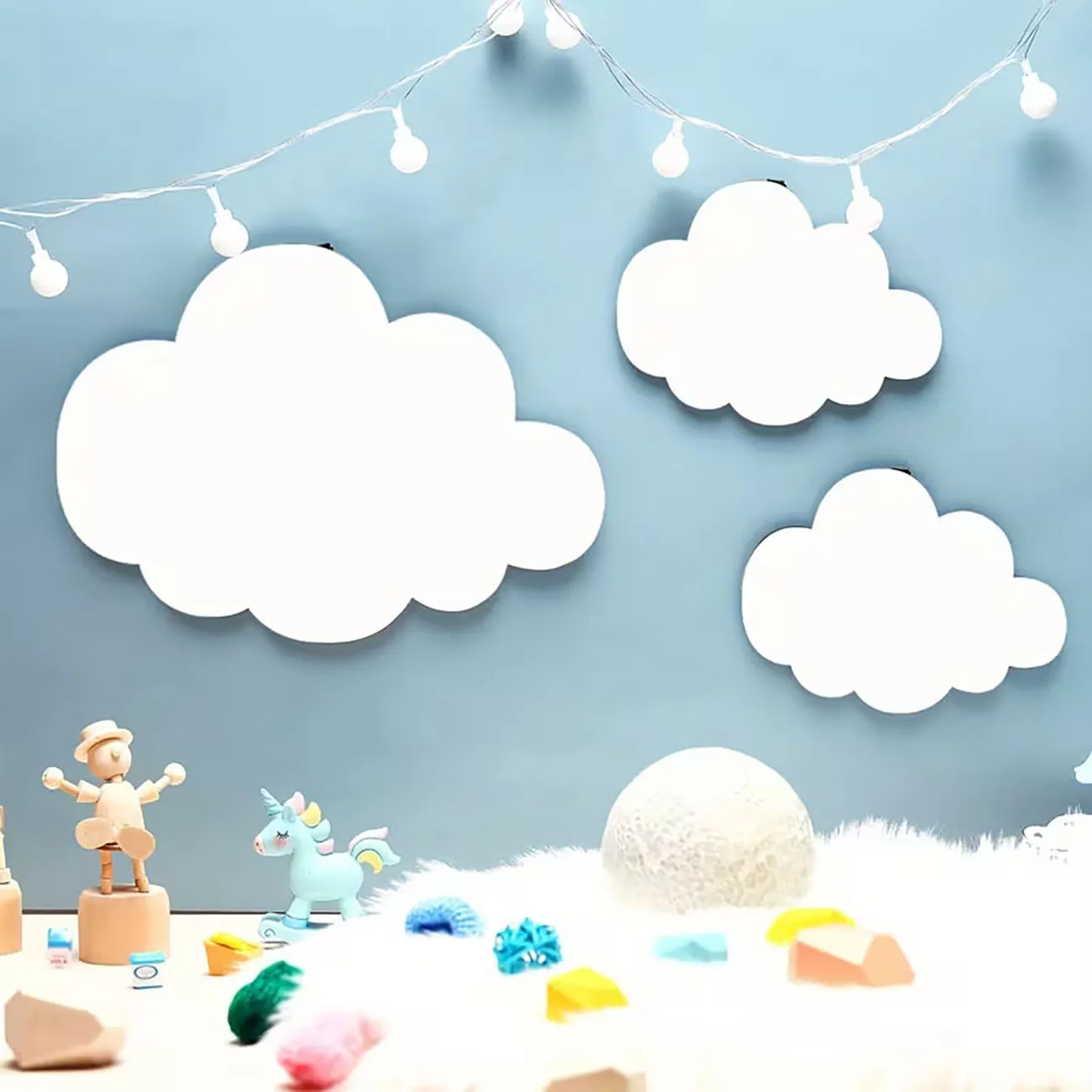4Pcs 2D Flat Printed Cloud Eyelash Wooden Wall Decor Set, Cute Cartoon Wall Art for Kids Room Nursery Gift
