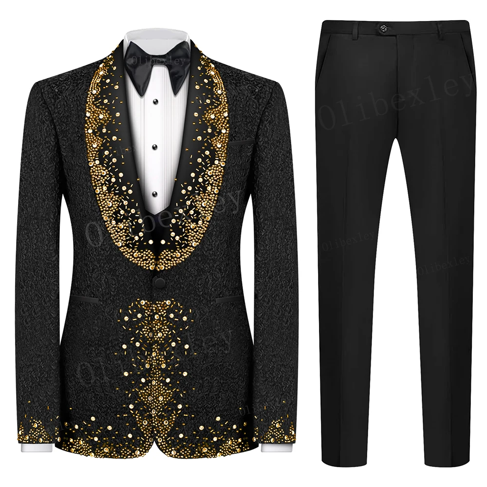 B35 Luxury Black Men Suits Set 2 Piece Blazer Pants Crystals Custom Made Jacket Groom Wedding Tuxedo Party Prom Suits