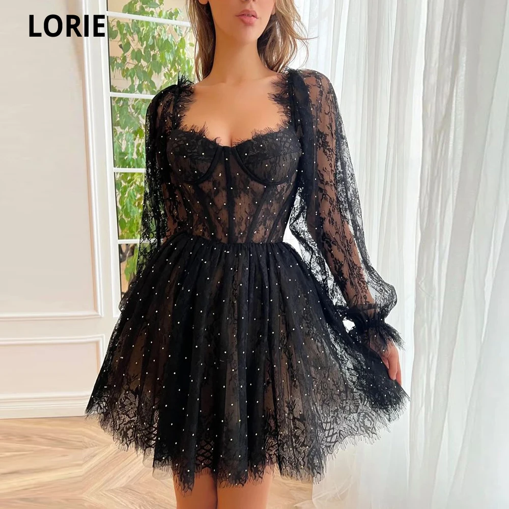 

LORIE Dotted Tulle Short Prom Dresses Long Sleeves A-Line Lace Mini Evening Gowns Tulle Celebrity Party Dresses Robe De Soirée