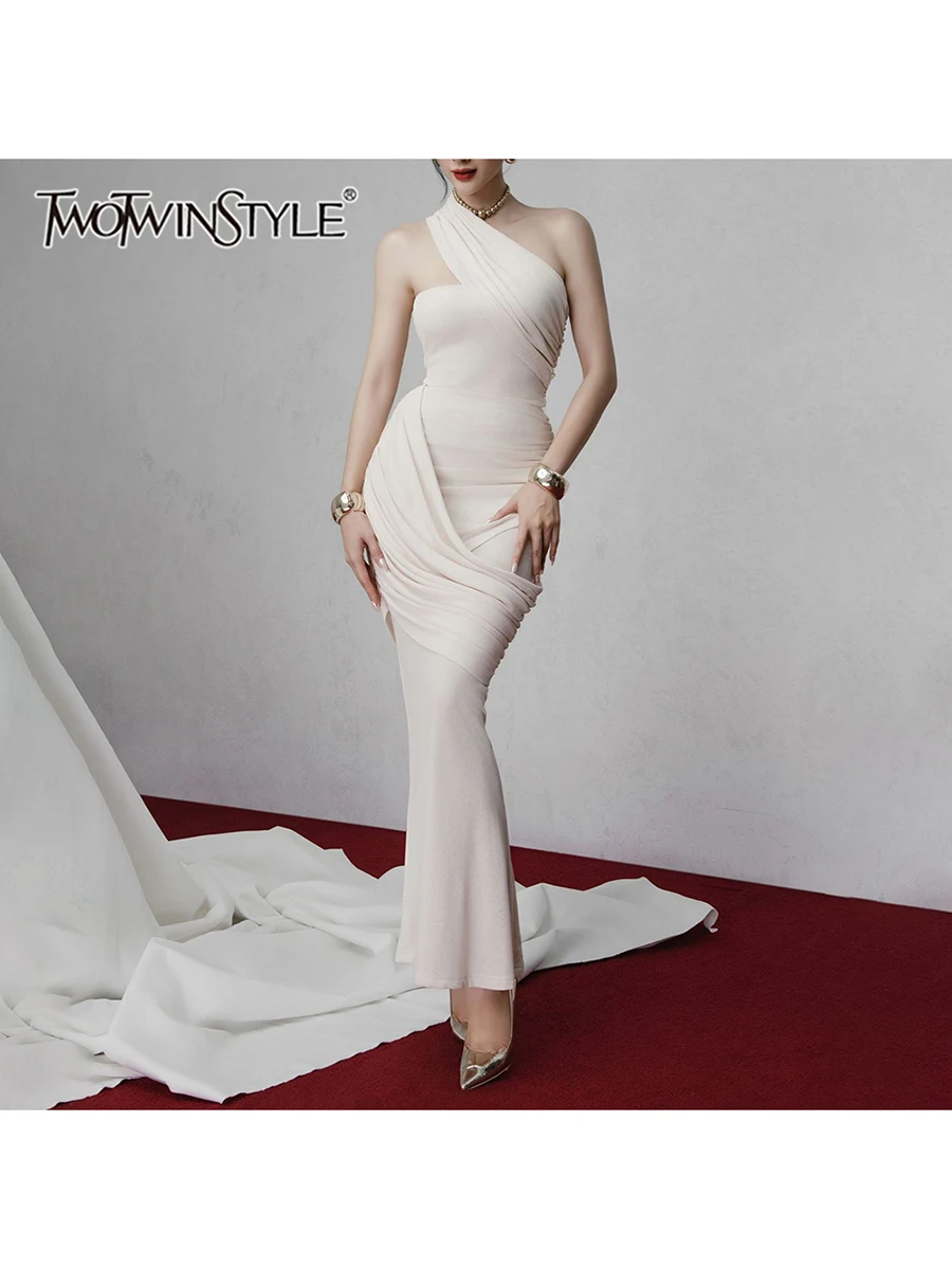 TWOTWINSTYLE Slimming Solid Sexy Dress for Women Diagonal Neck Sleeveless Patchwork Zipper Midi Dresses Female Fashion New Style