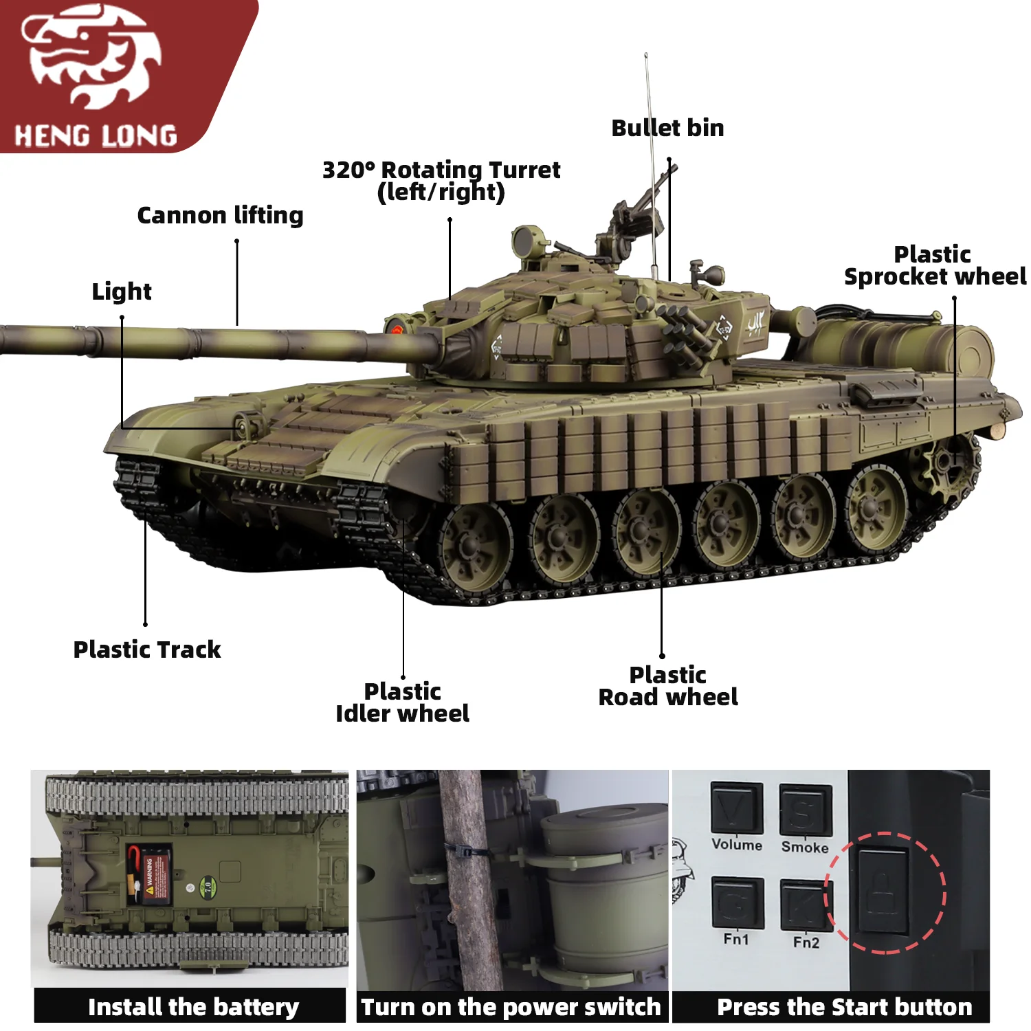 Czołgi RC Heng Long 1/16 Rosyjski czołg T-72 Model (Pełna Plastikowa Wersja Podstawowa) & 320 °   Obrotowa wieżyczka bojowa i TK7.0) nr 3939