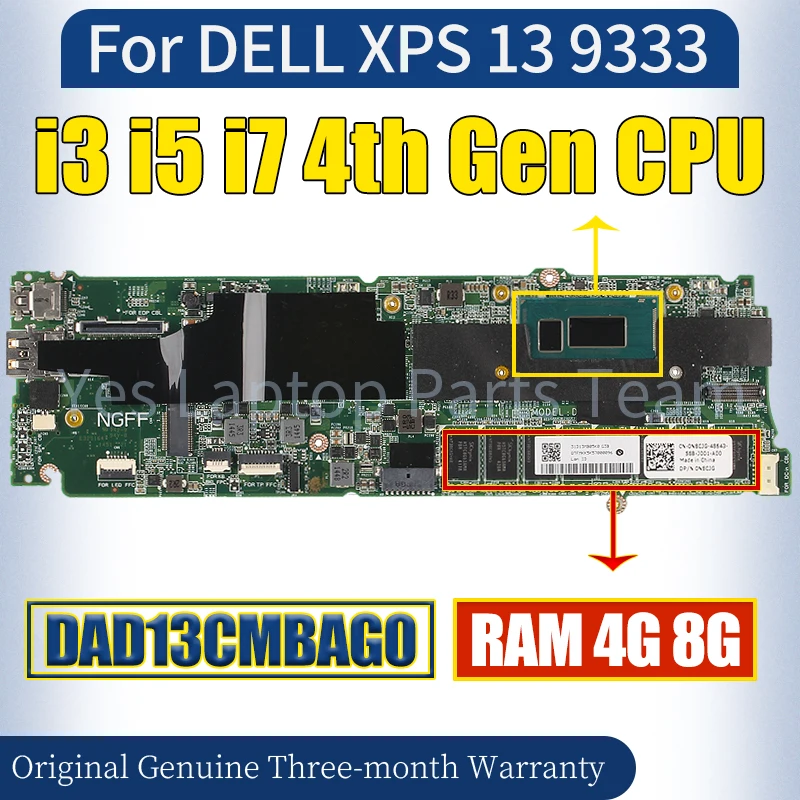 

DAD13CMBAG0 For DELL XPS 13 9333 Laptop Mainboard i3 i5 i7 4th Gen RAM 4G 8G 04220G 0HPT8J Notebook Motherboard 100％ Tested