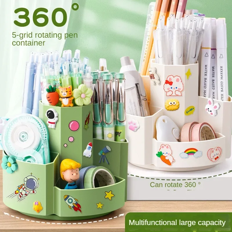 Kawaii Desktop Pen Holder 360°rotatable 5gird Large-capacity Cute Stationery Creative Multifunctional Storage Box Desk Organizer