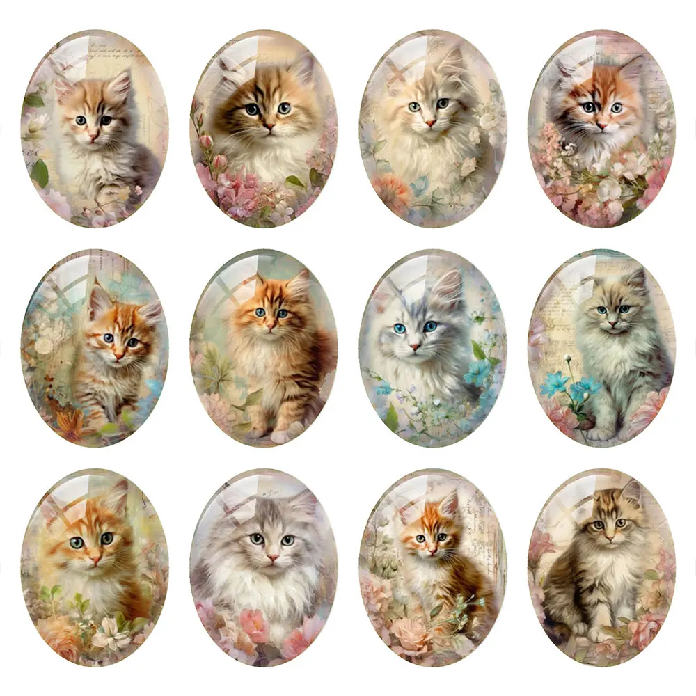 10pcs/lots Oval Photo Glass Cabochon Charms Cute Retro Cats Demo Flat Back Cameo For Diy Jewelry Making Finding Accessories