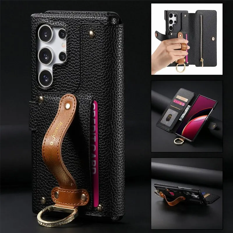 

Magnetic Button Flip Phone Cover For Samsung Galaxy S24 Ultra S23 S22 S21 FE A04 A13 F04 A05s A14 A15 A23 With Wristband