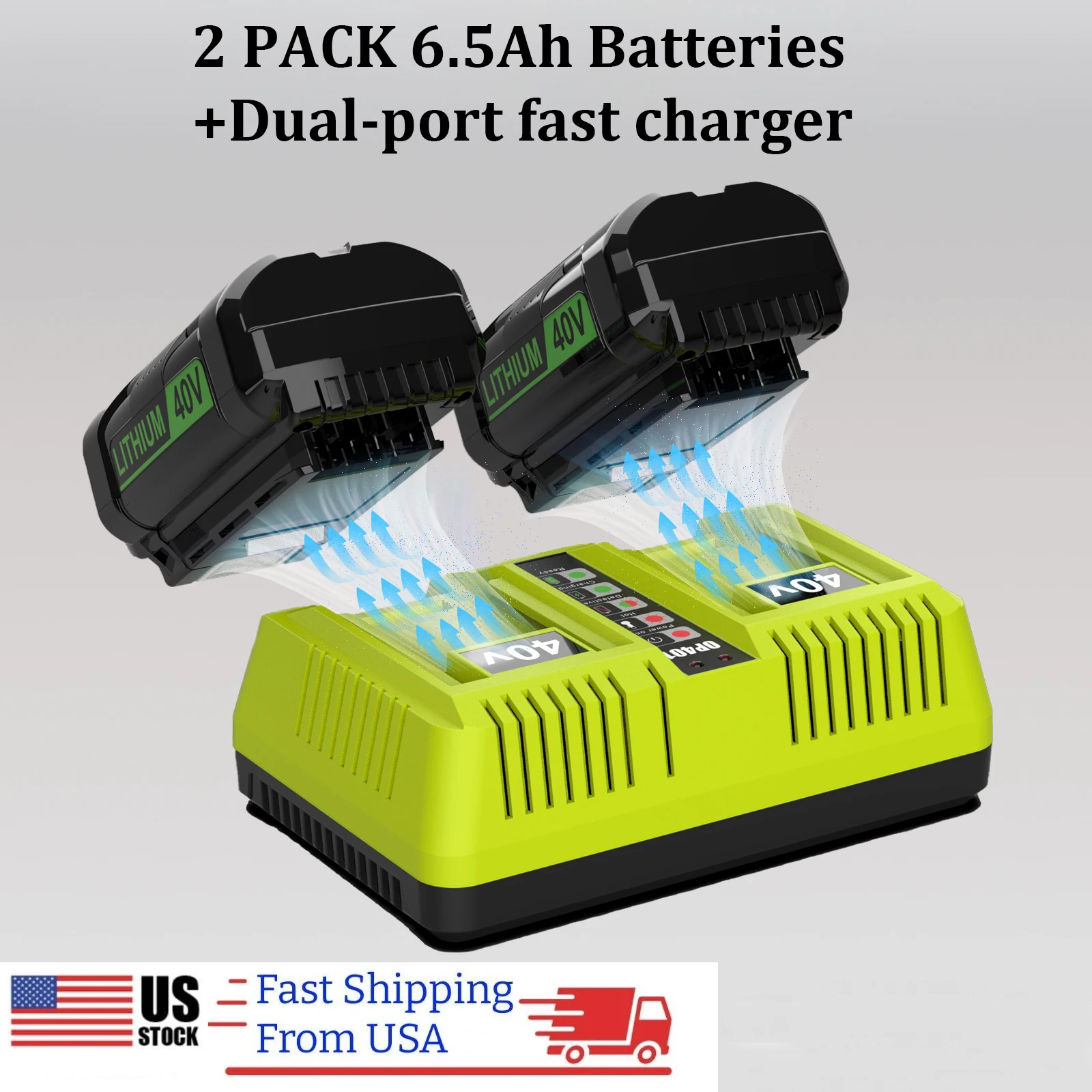 2-pack 40V 6.5Ah Lithium-ion Battery And Dual-port Fast Charger Kit Replacement for For Ryobi 40V OP4050A OP40601 OP4040 OP4030 — купить у AliExpress WW