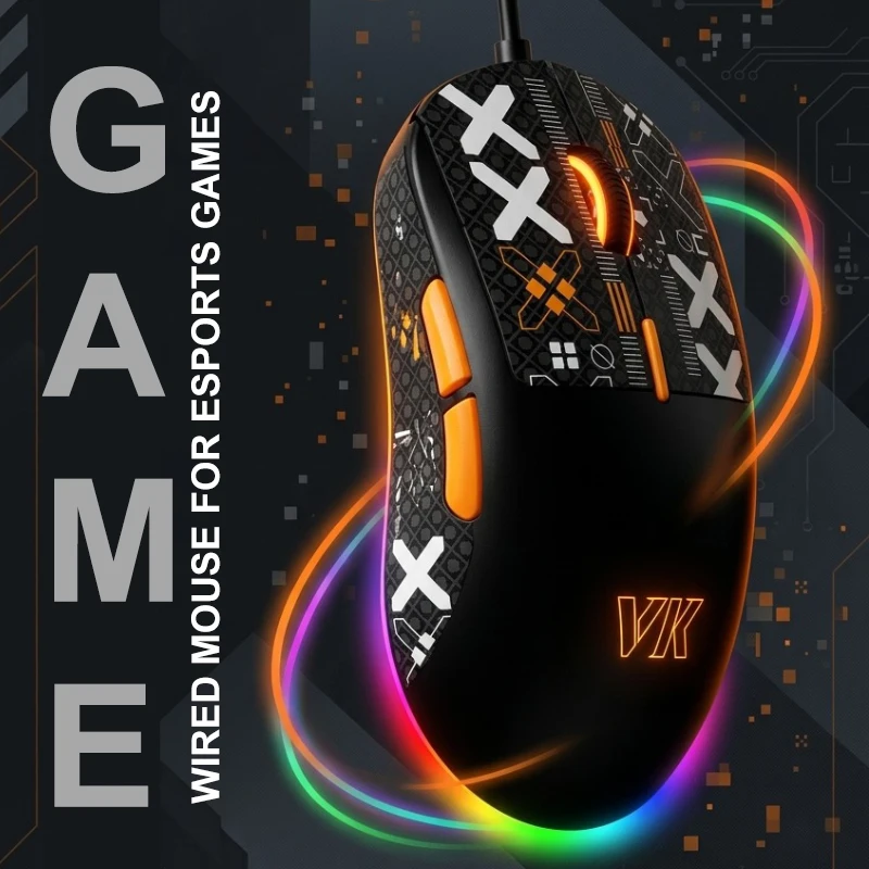 VM1S Wired Gaming Mouse 65g Lightweight Symmetrical USB 7200 DPI Silent Switch RGB 12 Modes PU Anti Slip Sticker