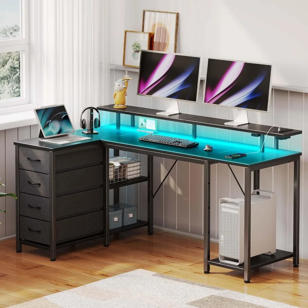 Seventable L Shaped Computer Desk with Drawers 55.1 Inch, Gaming Desk with Power Outlets & LED Lights, Reversible Office Desk