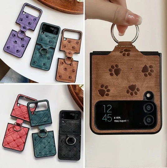 Leather Case for Samsung Galaxy Z Flip 3 4 zflip3 zflip4 5G Protective Phone Cover Coque Samsung Z Flip 4 With Hook Ring Bear