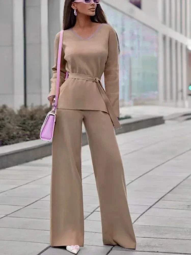 Women\'s Fashion V-neck Lace Up Long Sleeved Sweater Elastic Waist Drawstring Wide Leg Pant Solid Color Loose Casual Sweater Set
