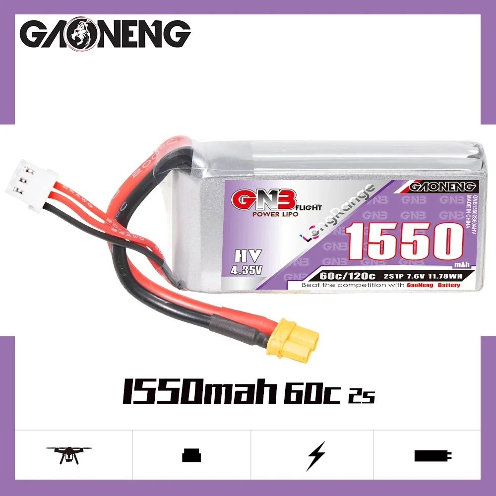 

GAONENG GNB 1550mAh HV 2S 60C 120C 7.6V XT30 LiPo Battery Long Range E-flite Airplane Torrent 110 RC Buggy RC Truck RC Truggy