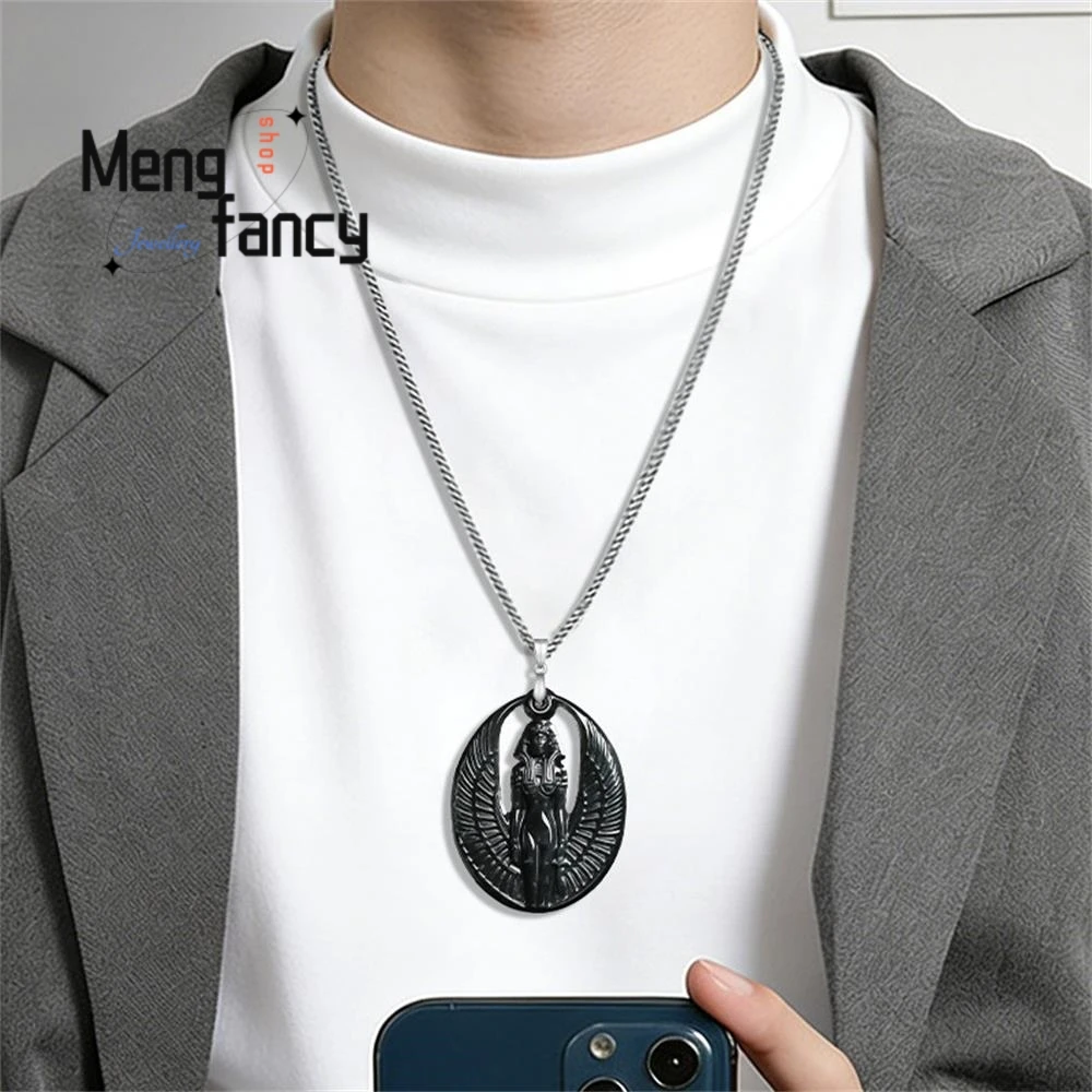 Original Natural Burmese A-grade Jadeite Ink Jade Goddess Isis S925 Silver Buckle Pendant National Style Fashion Jewelry Mascots