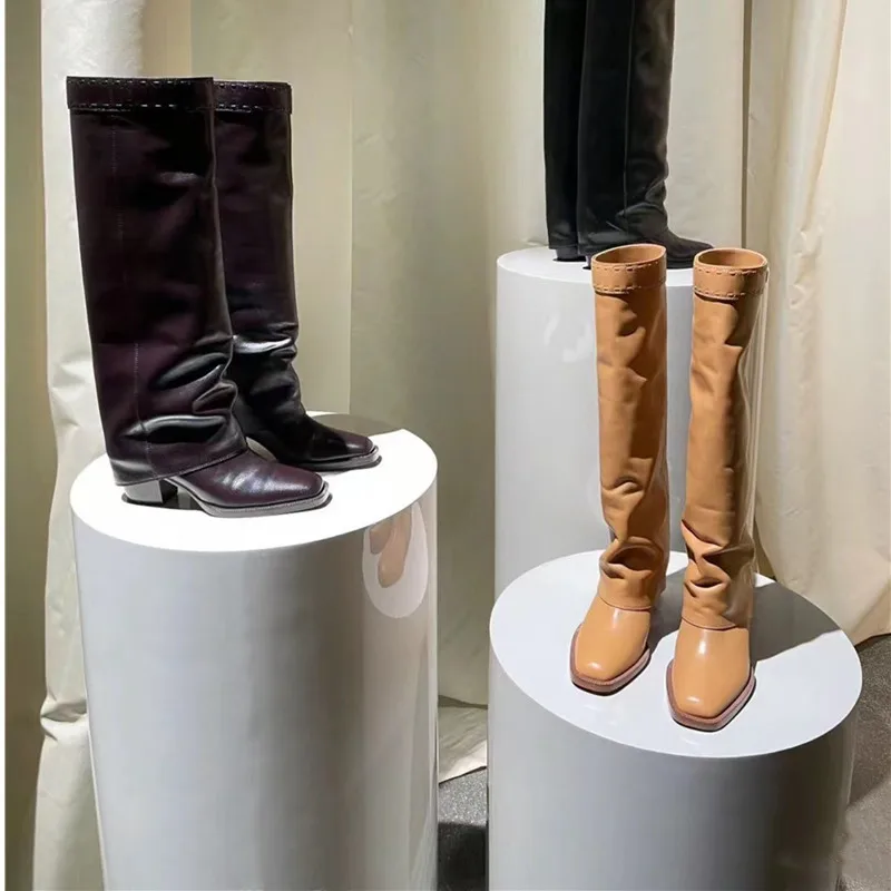 

Large Leg Waist Pants Boots Large Size Long Knight Women's Botas Fashion Coarse Heeled Square Toe Loose Straight Boot For Women