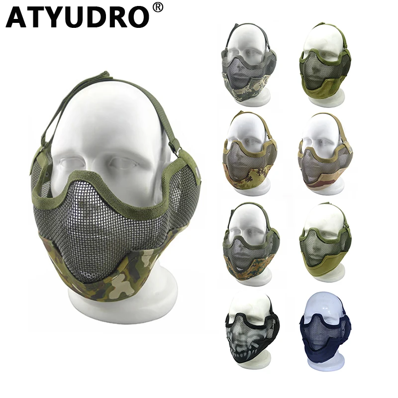 

ATYUDRO Tactical Ear Protective Half Face Masks Airsoft Paintball CS Low-carbon Steel Mesh Style Comfortable Shooting Accesories