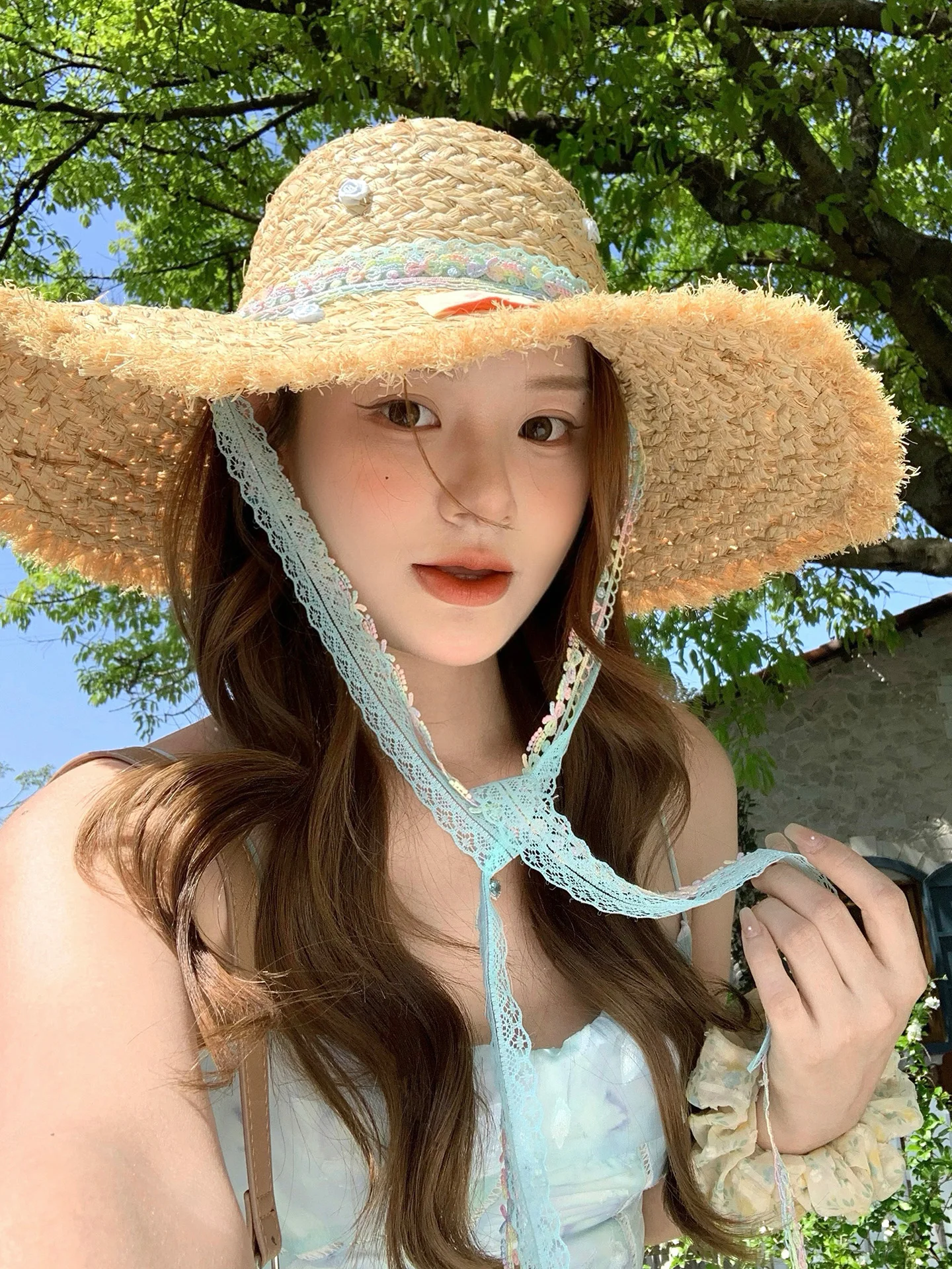Lace Flower Sash Laffey Grass Hat Women Summer Beach Vacation Wide Brim Sunshade Sun Protection Hat Floral Patterned Sun Hat