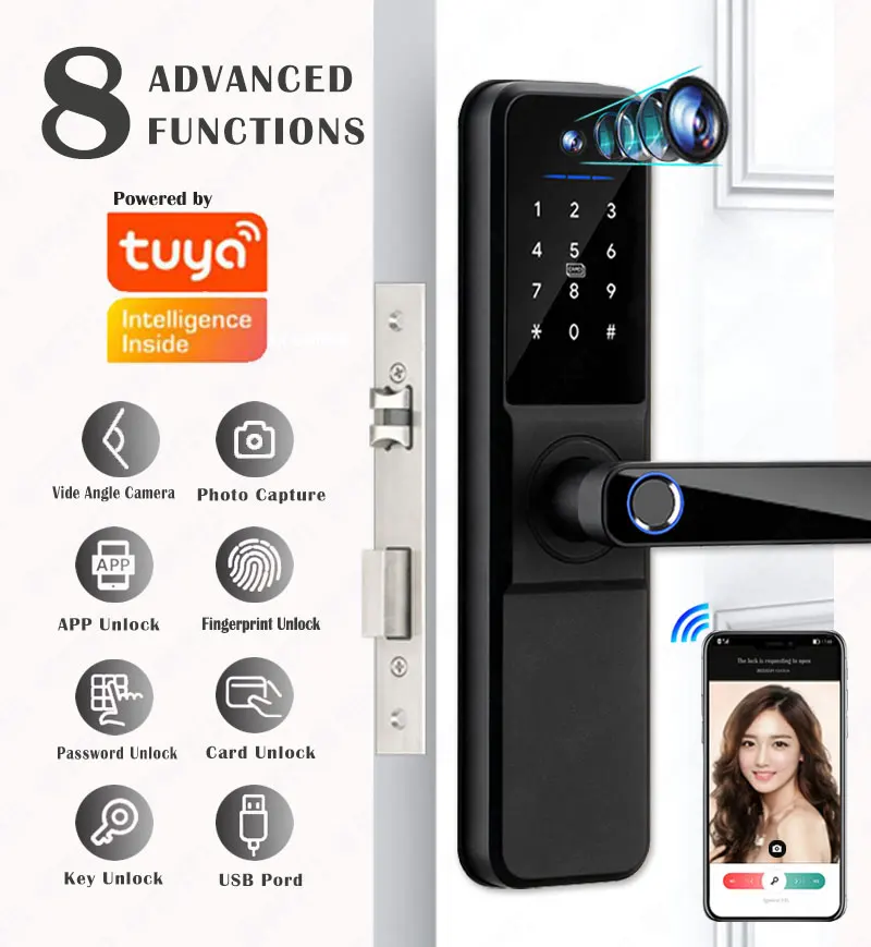 Tuya Wifi Digital Electronic intelligence Door Lock With Biometric Camera Fingerprint  Smart Door Lock Card Password Key Unlock