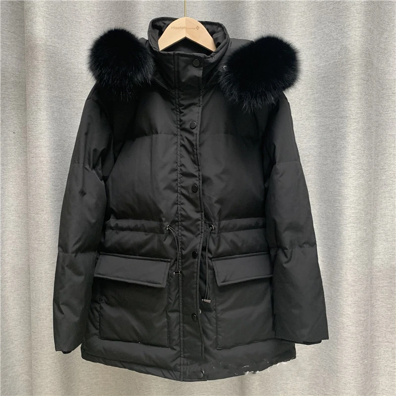 2022 Women Autumn Winter Loose Padded Zipper Solid Color Jacket Hooded Stand Fur Collar Casual All Match White Duck Down Coat