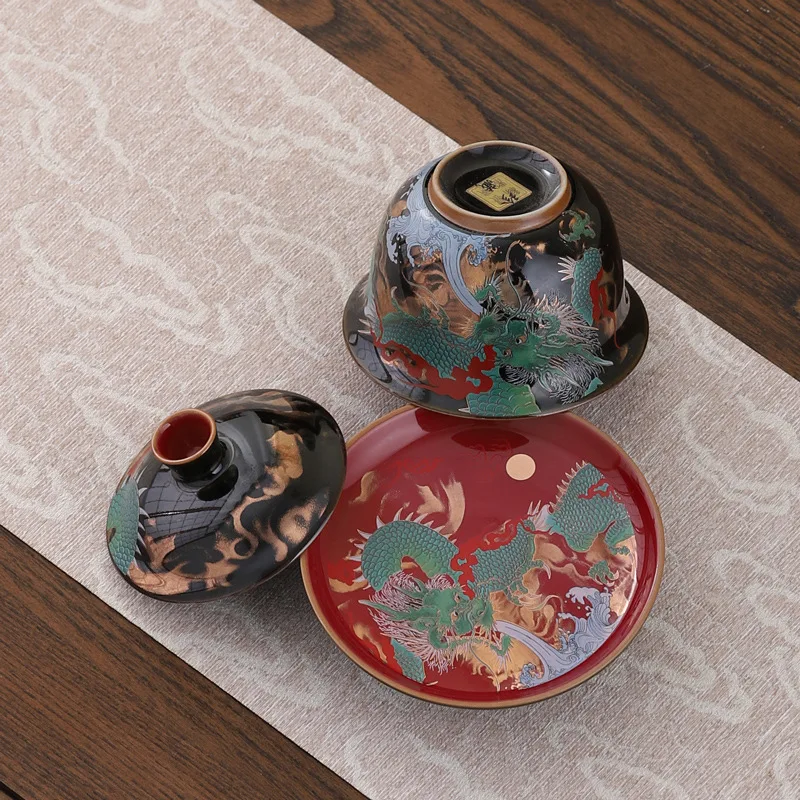 Enamel Color Gaiwan Ceramic Tea Bowl Porcelain Gaiwan Large Kung Fu Tea Set Red Dragon and Phoenix Pattern Large Gaiwan Tea