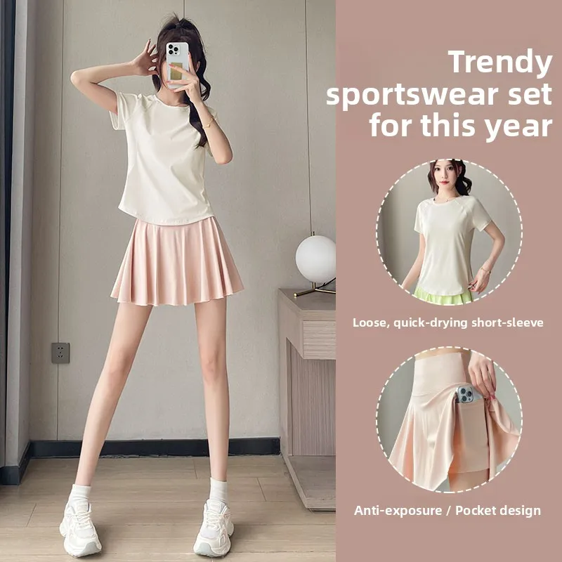 

Женский спортивный комплект для бега, летний тонкий свободный топ для бадминтона ort Sve Fitn, теннисная юбка, одежда для йоги, костюм из двух предметов