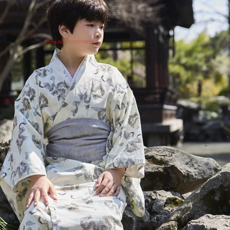 2025 japanese traditional yukata kimono children japanese robe geisha dragon print kimono belt+belt set festival cosplay costume