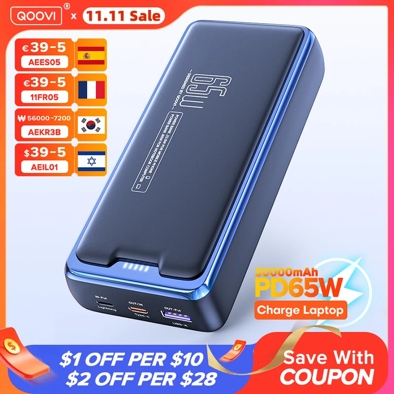 QOOVI Power Bank 30000mAh External Battery Capacity PD 65W Fast Charging Portable Charger Powerbank For Laptop iPhone Samsung