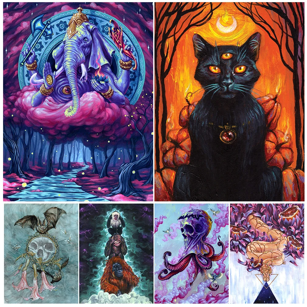 

Skeleton Octopus & Snake And Orange Wall Art Canvas Painting Fantasy Turtle & Three-Eyed Wizard Cat Art Poster And Print Decor