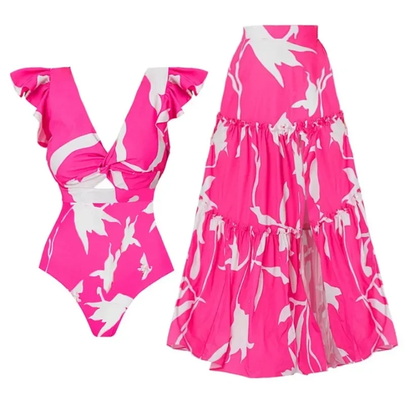 

Women's V-Neck Ruffle Edge Printed Bikini, Holiday Set, Popular Swimwear, Umbrella Skirt, New, 2025, 1 Pc