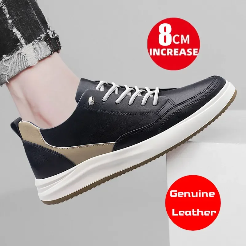 Zapatillas de deporte de cuero genuino para hombre, zapatos deportivos de elevación, plantillas transpirables de 6/8 cm, zapatos casuales de alta calidad