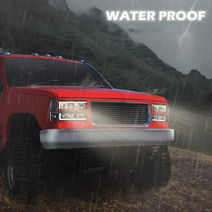 Corner Headlight Bumper Lamp w/LED Strip Light,Compatible with 1994-1998 Chevy C10 C/K 1500 2500 3500 Fit 94-99 Chevy Tahoe Subu