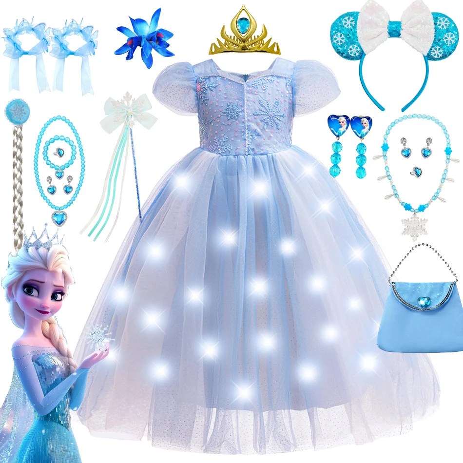 Disney Frozen Princess Dress Elsa Snow Queen Cosplay LED Vestido Girls Mesh Sequins Floral Halloween Party Christmas Costume